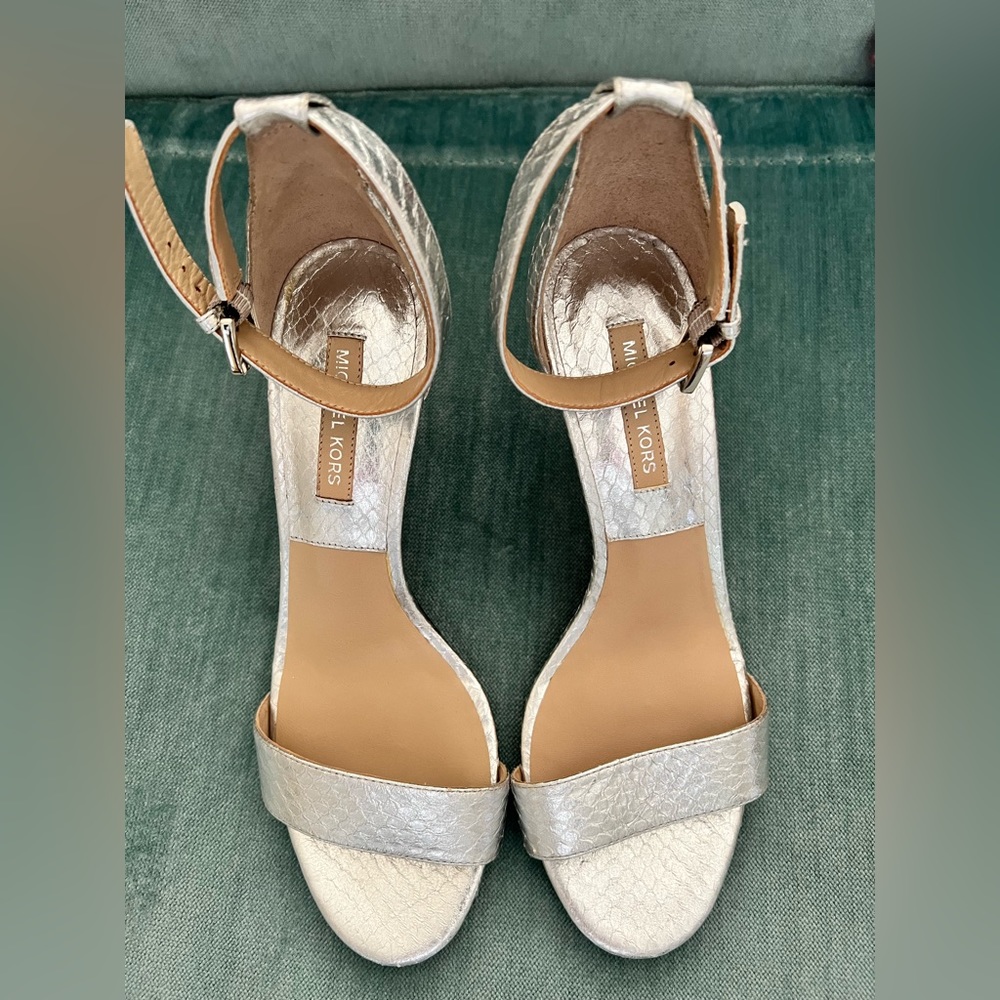 New Michael Kors Collection Silver Metallic Python Leather Heeled Sandals 7 $650